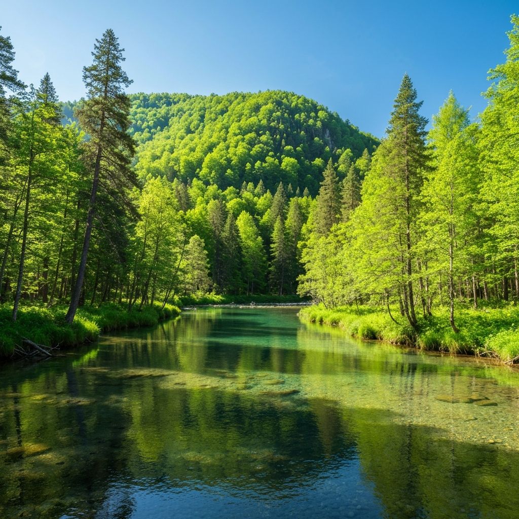 Clean natural environment with forest and water